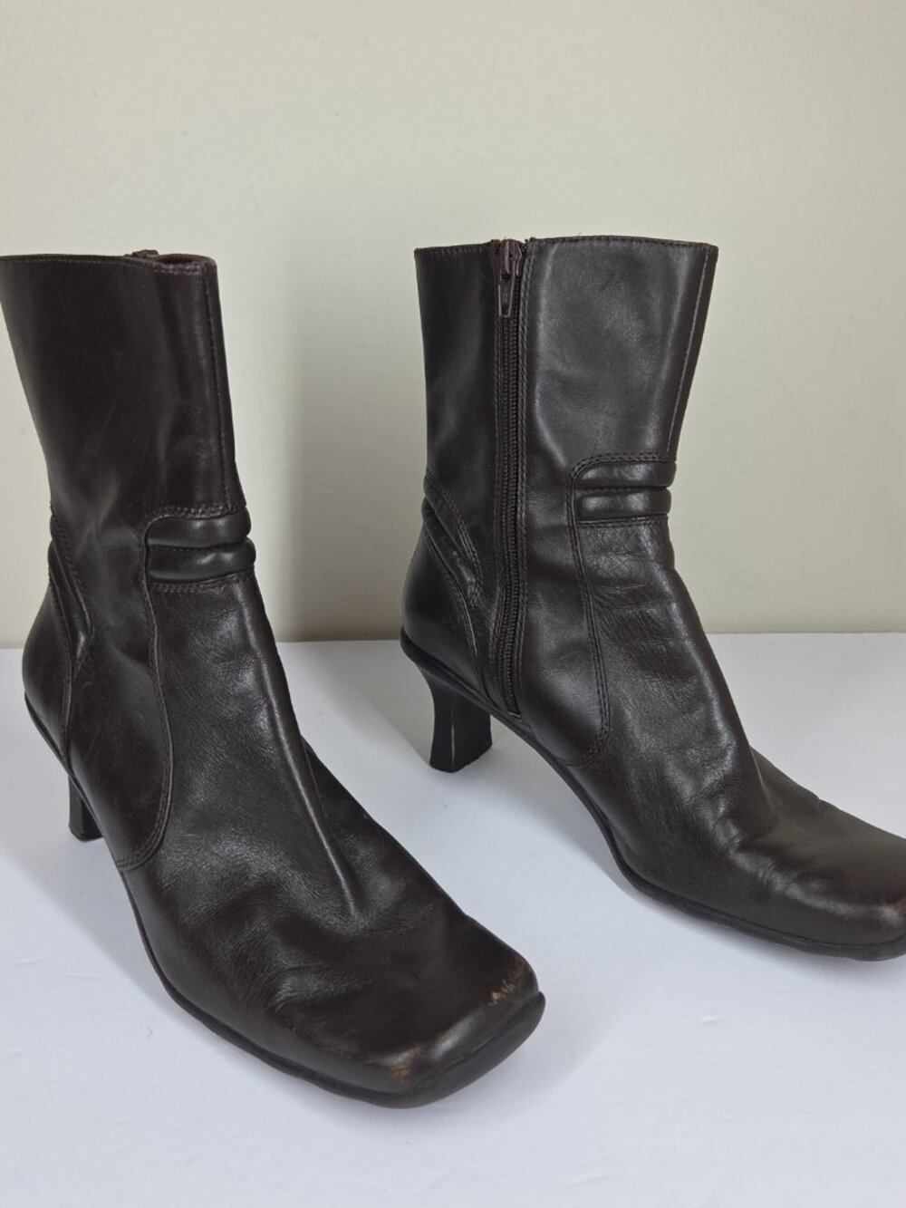 Vtg 90s Y2K Maripe Dark Brown Leather Square Toe Heel Ankle Boots Grunge Boho 7